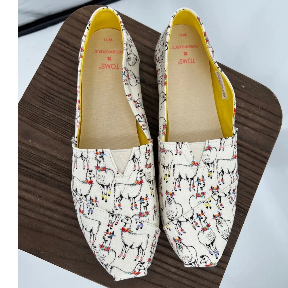 TOMS x Paper Source Alpargata Ivory Floral Llamas Print Slip‎ On Shoes NWT 11